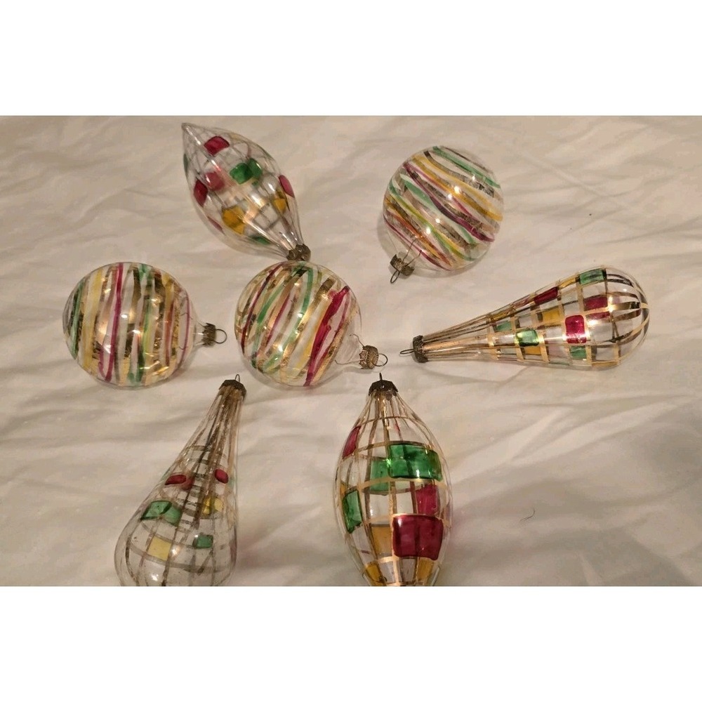 Lot Of 7 Vintage Hand Painted Blown Glass With Gold Glitter Ornament